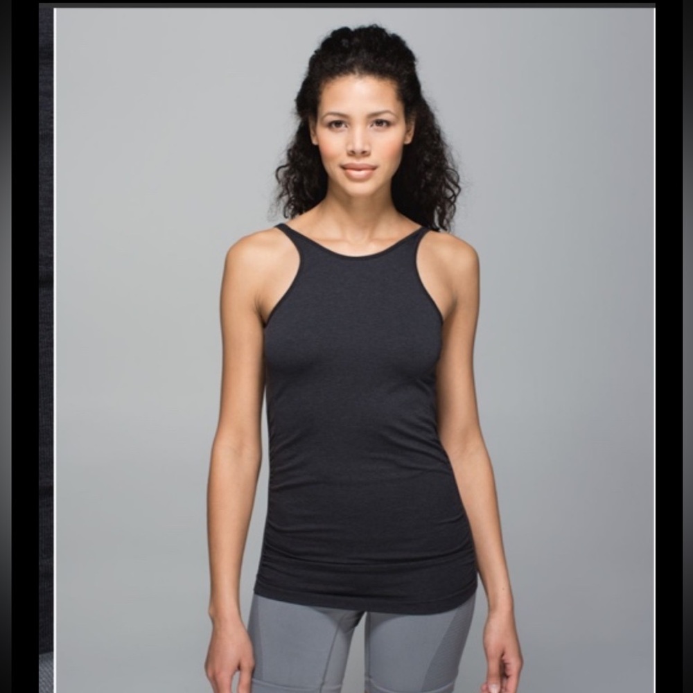 Lululemon In The Flow Tank Heather Black Top Ruched Scoop Back Yoga Athleisure